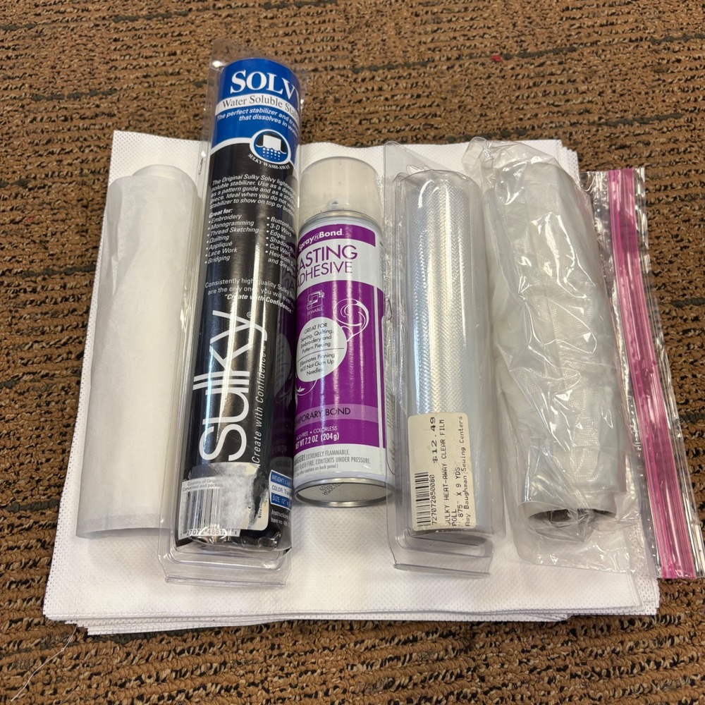 Sulky Embroidery Stabilizer Lot Solvy Heat-Away & SpraynBond Basting Adhesive